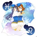  bloomers blue_eyes blue_hair brown_hair cape constellation constellation_costume earrings hat highres jewelry kousaka_honoka kurosuke_(yekyy) leo long_hair looking_at_viewer love_live! love_live!_school_idol_project multiple_girls pisces print_hat short_hair smile sonoda_umi starry_sky_print thighhighs underwear yellow_eyes zodiac 