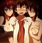 1boy 2girls black_hair blue_eyes blush breast_grab breasts girl_sandwich grabbing high_school_dxd highres himejima_akeno hyoudou_issei large_breasts long_hair multiple_girls nipples purple_eyes red_hair rias_gremory sad sandwiched simple_background smile standing stitched 