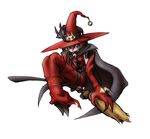  1girl bandai belt black_cat blonde_hair boots breasts broom broom_riding cape cat digimon facial_mark female flying hat looking_at_viewer pet pointy_ears short_hair simple_background solo tattoo witch witch_hat witchmon 