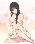  arm_support arms_behind_back ban barefoot between_breasts black_hair blush braid breasts commentary_request eyebrows eyebrows_visible_through_hair full_body hair_between_breasts hair_over_shoulder highres kantai_collection kitakami_(kantai_collection) long_hair medium_breasts navel nipples nude purple_eyes sitting solo twin_braids 