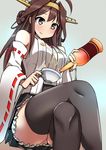  alcohol bare_shoulders boots bottle brown_hair commentary_request crossed_legs cup detached_sleeves double_bun hairband headgear japanese_clothes kantai_collection kongou_(kantai_collection) long_hair no_panties nontraditional_miko skirt smile solo teacup thigh_boots thighhighs yoiyoi_(kannkann100) 