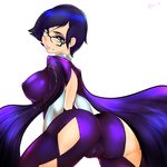  1girl arched_back ass back back_cutout bayonetta bayonetta_(character) bayonetta_2 blue_hair bodysuit breasts cameltoe elbow_gloves erect_nipples female glasses gloves large_breasts lipstick looking_at_viewer looking_back makeup mole short_hair simple_background smile solo superboin white_background 