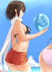  alternate_costume ass back ball beachball bikini_top brown_eyes brown_hair flat_ass isshiki_(ffmania7) jintsuu_(kantai_collection) jpeg_artifacts kantai_collection multiple_girls ocean profile scarf sendai_(kantai_collection) short_hair short_shorts shorts smile solo_focus sparkling_eyes twitter_username two_side_up white_scarf 