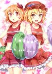  :d :o aki_minoriko aki_shizuha blonde_hair cheerleader collarbone e.o. food fruit grapes hair_ornament hat highres leaf leaf_hair_ornament looking_at_viewer midriff multiple_girls navel open_mouth pom_poms red_eyes short_hair siblings sisters skirt smile teeth touhou yellow_eyes 