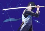  amputee black_hair hair_over_one_eye katana lightning male_focus naruto naruto_(series) oba-min sharingan solo sword uchiha_sasuke weapon 