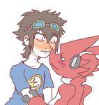  black_hair blue_eyes blush clocky_(artist) digimon duo eyes_closed eyewear glasses hair headphones human mammal shoutmon simple_background taiki_kudou white_background 