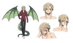  androgynous blonde_hair character_sheet collarbone concept_art draco_(monster_musume) dragon_girl dragon_tail dragon_wings expressions flat_chest full_body green_wings grin hand_on_hip highres monster_girl monster_musume_no_iru_nichijou multiple_views official_art pointy_ears purple_eyes reverse_trap scales short_hair simple_background slit_pupils smile tail white_background wings 