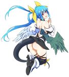  ass asymmetrical_wings back bare_shoulders blue_hair blush dizzy guilty_gear hair_ribbon hands_clasped long_hair looking_back open_mouth own_hands_together red_eyes ribbon skindentation solo tail tail_ribbon thighhighs twintails un wings 