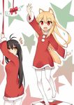  :d animal_ears binsen black_hair blonde_hair bone bow box christmas dog_ears dog_tail fang fur_trim gift gift_box long_hair md5_mismatch multiple_girls open_mouth original pantyhose ribbon santa_costume smile star starry_background tail waifu2x white_legwear 