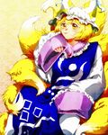  bad_id bad_pixiv_id blonde_hair blush dress fox_tail gradient gradient_background hat highres long_sleeves looking_at_viewer mob_cap multiple_tails onyuuuu pillow_hat short_hair smile solo tabard tail tassel tongue tongue_out touhou white_dress wide_sleeves yakumo_ran yellow_eyes 