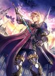  armor blonde_hair last_chronicle male_focus mura_karuki original red_eyes sheath solo sword twilight unsheathing weapon 