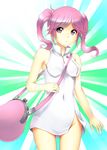  bag bandai breasts digimon digimon_world_re:digitize female gradient gradient_background one_breast_out pink_eyes pink_hair rindou_akiho solo twintails 