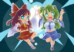  ascot bare_shoulders blue_eyes bow brown_hair chibi detached_sleeves green_eyes green_hair hair_bow hair_tubes hakurei_reimu hat hat_bow high_five kochiya_sanae leg_lift multiple_girls navel open_mouth plump touhou tsuutenkaaku uvula 