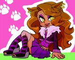  1girl brown_hair canine clawdeen_wolf fangs female hair lips looking_at_viewer mammal monster_high open_mouth simple_background solo tsujii were werewolf yellow_eyes 