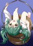  :d bare_legs barefoot bottomless bucket eyebrows_visible_through_hair feet gradient gradient_background green_eyes green_hair hair_bobbles hair_ornament highres in_bucket in_container japanese_clothes kisume long_hair long_sleeves looking_at_viewer lying on_back open_mouth purple_background ruu_(tksymkw) sitting smile solo touhou twintails upside-down wooden_bucket 