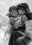  arm_around_shoulder closed_eyes detached_sleeves doyora greyscale haruna_(kantai_collection) headgear hiei_(kantai_collection) kantai_collection monochrome multiple_girls nontraditional_miko sketch smile 