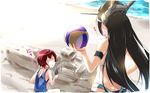  ball black_hair blush commentary_request kantai_collection long_hair lzd multiple_girls mutsuki_(kantai_collection) nagato_(kantai_collection) o_o red_hair sand_sculpture ship short_hair swimsuit translation_request volleyball watercraft 