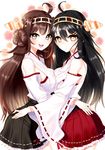  black_hair breast_press breasts brown_eyes brown_hair detached_sleeves hair_bun hairband haruna_(kantai_collection) hug japanese_clothes kantai_collection kongou_(kantai_collection) large_breasts long_hair multiple_girls nontraditional_miko ramune_(cherrykde) smile symmetrical_docking 