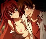  1girl blue_eyes breasts gradient gradient_background high_school_dxd highres hyoudou_issei large_breasts long_hair nipples red_hair rias_gremory smile stitched 