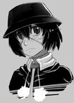  bad_deviantart_id bad_id blush capelet franken_fran greyscale hat madaraki_veronica monochrome portrait short_hair solo stitches whistle_frog 