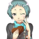  1girl artist_request black_eyes blue_hair chocolate face looking_at_viewer maa-san_(dammerung) persona persona_3 simple_background solo wink yamagishi_fuuka 