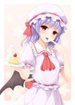  ascot bat_wings blue_hair blush cake dress fang finger_to_mouth food fruit hat looking_at_viewer mob_cap pink_background pink_dress plate pointy_ears puffy_short_sleeves puffy_sleeves red_eyes remilia_scarlet sash short_sleeves solo strawberry tokugawa_landine tongue tongue_out touhou wings 