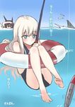  afloat artist_name blue_eyes commentary_request fishing fishing_line fishing_rod innertube kantai_collection long_hair multiple_girls nagato_(kantai_collection) ocean one-piece_swimsuit sensen shark swimsuit torpedo u-511_(kantai_collection) white_hair 