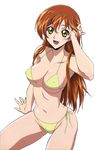  1girl :d absurdres adjusting_hair arm_up bangs bikini blush breasts brown_hair code_geass female gloves green_eyes hair_between_eyes hand_on_head happy highres large_breasts long_hair looking_at_viewer navel nipples official_art open_mouth photoshop render shirley_fenette simple_background single_vertical_stripe sitting smile solo spread_legs swim_cap swimsuit thighs wet_hair wide_hips 