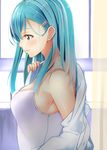  absurdres aqua_hair black_eyes blush breasts byte_(allbyte) from_side hair_ornament hairclip highres kantai_collection long_hair medium_breasts solo suzuya_(kantai_collection) tank_top undressing upper_body 