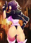  absurdres ass back breasts carlos_javier fingerless_gloves ghost_in_the_shell ghost_in_the_shell_stand_alone_complex gloves gun hand_on_hip handgun highres jacket kusanagi_motoko large_breasts leotard naughty_face pistol purple_hair short_hair sideboob smile solo thong_leotard weapon wedgie 