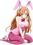  1girl animal_ears bare_shoulders blush bow bowtie breasts brown_hair bunny_ears bunny_girl bunny_tail bunnysuit cleavage code_geass cosplay detached_collar embarrassed fake_animal_ears fake_tail female fishnet_pantyhose fishnets green_eyes high_heels kneeling large_breasts leotard long_hair looking_at_viewer pantyhose pink_legwear shirley_fenette simple_background solo tail tears wrist_cuffs 