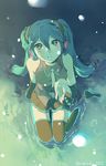  2012 aqua_eyes aqua_hair blush from_above hatsune_miku long_hair looking_at_viewer necktie open_mouth partially_submerged piano_(agneschen) sitting skirt snow solo thighhighs twintails very_long_hair vocaloid water 