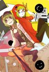  2girls \m/ back-to-back bandaid bandaid_on_nose baseball_bat dual_persona green_hair gumi hood hoodie matryoshka_(vocaloid) multicolored multicolored_eyes multiple_girls panda_hero_(vocaloid) piano_(agneschen) sitting smile vocaloid 