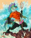  abs animal_genitalia anthro anthrofied aquaman aquatic_dragon bad_dragon belt clothing cosplay digitigrade doxolove dragon fin genital_slit gloves knot male melee_weapon muscles pants pants_down penis polearm sharp_teeth slit smile solo spritz_the_seadragon teeth trident vein water weapon wide_hips 