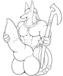  animal_genitalia anthro anubian_jackal anubis balls big_balls big_penis canine canine_penis deity egyptian erection huge_balls hyper hyper_balls hyper_penis jackal knot male mammal monochrome muscles open_mouth penis pfh simple_background solo teeth vein 