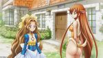  2girls ass blush breasts brown_hair cleavage code_geass code_geass:_nunnally_in_wonderland cosplay costume fake_tail fawn female grass green_eyes highres house long_hair multiple_girls nunnally_lamperouge screencap shirley_fenette smile stitched tail thighs very_long_hair 