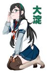  adjusting_eyewear black_hair boots glasses hairband hand_on_own_thigh hip_vent kantai_collection kneeling long_hair necktie ojipon ooyodo_(kantai_collection) protected_link school_uniform serafuku solo thighhighs 