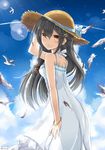  arm_up artist_name bare_shoulders bird black_hair breasts brown_eyes cloud commentary_request dated day dress feathers from_side hair_ornament hairclip hand_on_headwear haruna_(kantai_collection) hat kantai_collection long_hair looking_at_viewer medium_breasts myuton sky solo straw_hat sundress 