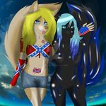  arkbeast_(artist) big_tail blonde_hair blue_eyes blue_hair canine clothed clothing confederate_flag female flag fluffy_tail fur gloves hair long_hair mammal outside pride rainne tan_fur tattoo text tight_clothing tongue tongue_out trixy watermark 