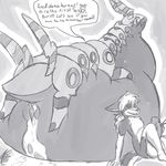  abstract_background balls big_balls big_penis blush eyeleashes female greyscale hair heros_(character) horn hyper leaking long_hair male monochrome nintendo penis pok&eacute;mon pussy scolipede shikaro simple_background standing text tongue tongue_out video_games 