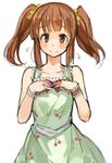  bare_shoulders blush bracelet brown_hair cherry_print collarbone dress food_print green_dress grey_eyes idolmaster idolmaster_cinderella_girls jewelry long_hair looking_at_viewer ogata_chieri print_dress sachito simple_background smile solo twintails upper_body white_background wristband 