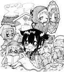  ;) absurdres ahoge apple bird braid bunny closed_eyes commentary cosplay dwarf fang fawn food fruit glasses greyscale hair_flaps hair_ornament hair_ribbon hairclip harusame_(kantai_collection) highres house jako_(jakoo21) kantai_collection mirror monochrome multiple_girls murasame_(kantai_collection) one_eye_closed parody queen_(snow_white) queen_(snow_white)_(cosplay) remodel_(kantai_collection) ribbon samidare_(kantai_collection) shigure_(kantai_collection) shiratsuyu_(kantai_collection) single_braid smile snow_white snow_white_(cosplay) snow_white_and_the_seven_dwarfs suzukaze_(kantai_collection) yuudachi_(kantai_collection) 
