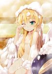  aruma_(shinrabanshou) blonde_hair breasts green_eyes highres long_hair navel nipples nude rubbing_eyes saru_000 shinrabanshou small_breasts soap_bubbles solo very_long_hair wings 