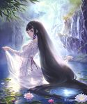  absurdly_long_hair ass bangs black_hair bloom blunt_bangs breasts cliff company_name cygames day dress dress_lift flower from_behind hair_ornament hisakata_souji lily_(flower) lily_pad long_hair looking_back medium_breasts nature off_shoulder outdoors pond purple_eyes see-through see-through_silhouette shadowverse shingeki_no_bahamut sideboob sidelocks solo thigh_gap tree very_long_hair wading water waterfall watermark wet wet_clothes white_dress 