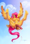  2015 absurd_res animal_genitalia anthro anthrofied areola balls big_breasts breasts cloud dickgirl equine fluttershy_(mlp) friendship_is_magic hair hi_res hooves horsecock huge_breasts intersex long_hair mammal my_little_pony nipples nude outside pegasus penis pink_hair solo spread_legs spreading white-devil wings 