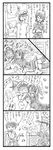  1boy 2girls 4koma admiral_(kantai_collection) bbb_(friskuser) beamed_eighth_notes chair checkered checkered_neckwear comic commentary_request door eighth_note eyepatch greyscale hat highres hug jukebox kaga_(kantai_collection) kaga_cape kantai_collection military military_uniform monochrome multiple_girls musical_note necktie partially_translated quarter_note robot_ears side_ponytail sitting skirt tenryuu_(kantai_collection) translation_request uniform 