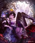  ass bare_shoulders black_hair black_legwear blue_eyes boots breasts choker cleavage crown_of_thorns dress fingernails flower garter_straps granblue_fantasy hair_flower hair_ornament hand_to_own_mouth high_heel_boots high_heels hisakata_souji jewelry large_breasts long_fingernails long_hair lying nail_polish pinky_out purple_dress ring rose_queen shingeki_no_bahamut solo staff thigh_boots thighhighs watermark 