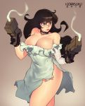  1girl 2018 artist_name bandage bandaged_arm bandages bare_shoulders black_gloves black_hair borrowed_character breasts brown_background brown_eyes cleavage collar collarbone commentary covered_navel cowboy_shot dress dual_wielding english_commentary frilled_dress frills gift_art gloves gun handgun highres holding huge_breasts lips long_hair looking_to_the_side no_bra no_panties norasuko nose off-shoulder_dress off_shoulder original pinup side_slit smoke smoking_gun solo standing thick_thighs thighs torn_clothes torn_dress trigger_discipline weapon 