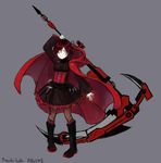  belt black_boots black_dress boots cloak dress frilled_dress frills hood hooded_cloak lolita_fashion ruby_rose rwby scythe short_hair silver_eyes simple_background solo 