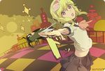  beetle brown_eyes bug goggles goggles_on_head green_hair gumi hitting insect open_mouth outstretched_arms piano_(agneschen) school_uniform serafuku short_hair skirt solo spinning spread_arms vocaloid 
